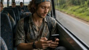 Backpacker using a smartphone to stay connected in Tanzania