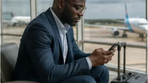 Business traveller using reliable mobile internet in Tanzania