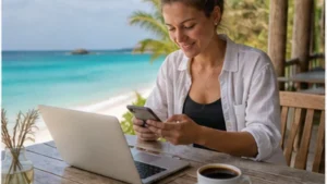 Digital nomad working online with a smartphone in Tanzania