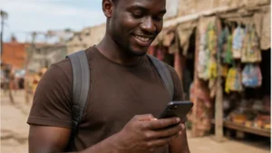 Traveller evaluating the value of a Tanzania eSIM on a smartphone