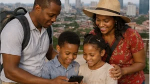 Family travellers using mobile internet together in Tanzania