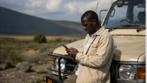 Road traveller using offline maps and mobile data in Tanzania