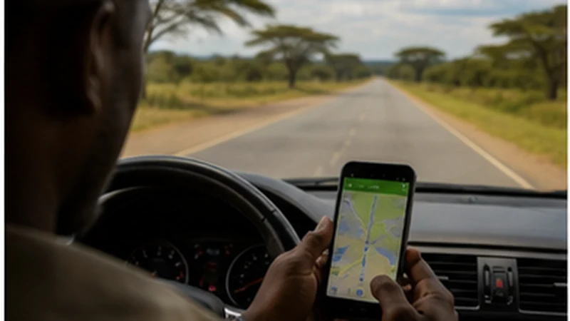 Traveller using mobile internet during a road trip in Tanzania