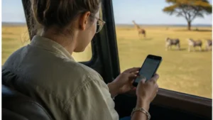 Safari traveller using a smartphone in Tanzania
