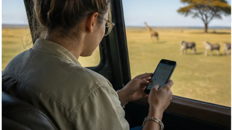Safari traveller using a smartphone in Tanzania