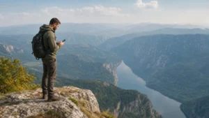 Traveller using a smartphone during mobile internet in tara national park in Serbia.