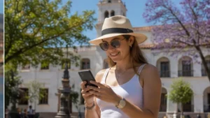 Traveller using a smartphone in Bolivia while researching mobile internet in tarija