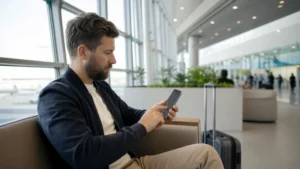 Traveller setting up an eSIM at Tashkent Airport