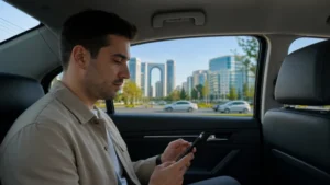 Traveller using a smartphone during a Tashkent airport transfer