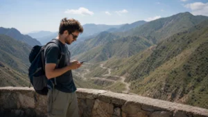 Traveller using a smartphone at the Kamchik Pass