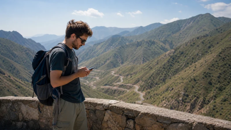 Traveller using a smartphone at the Kamchik Pass