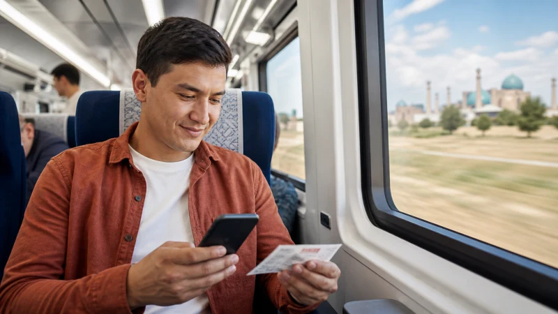 Traveller using a smartphone on a Tashkent to Samarkand train