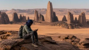 Traveller using mobile internet in Tassili n Ajjer Algeria