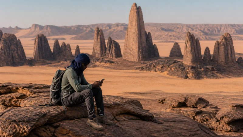 Traveller using mobile internet in Tassili n Ajjer Algeria