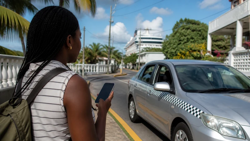 Traveller using a smartphone in Jamaica while using taxi and ride apps in Jamaica