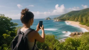 Traveller using a smartphone in Colombia for mobile coverage around tayrona