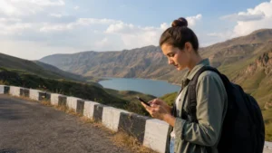 International traveller preparing smartphone connectivity between Tbilisi and Baku