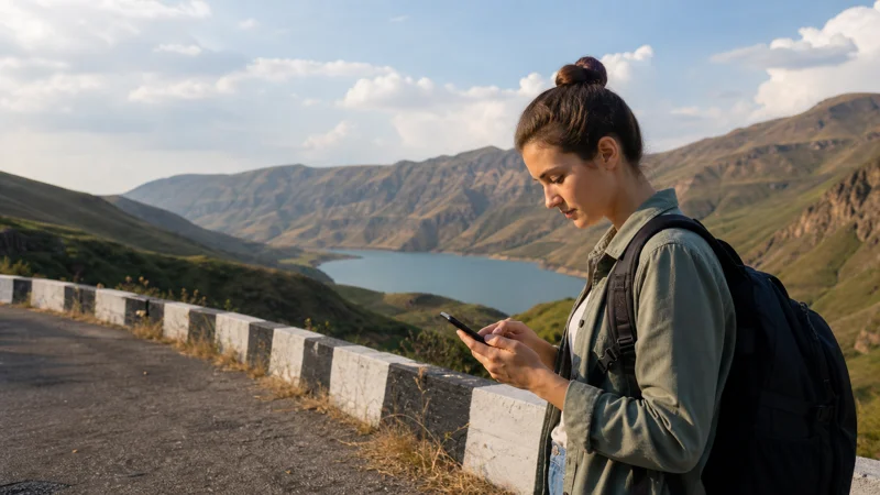 International traveller preparing smartphone connectivity between Tbilisi and Baku