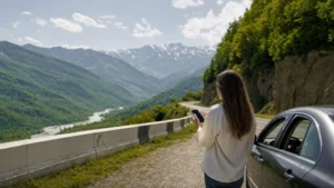 Road-trip traveller checking smartphone navigation between Tbilisi and Batumi