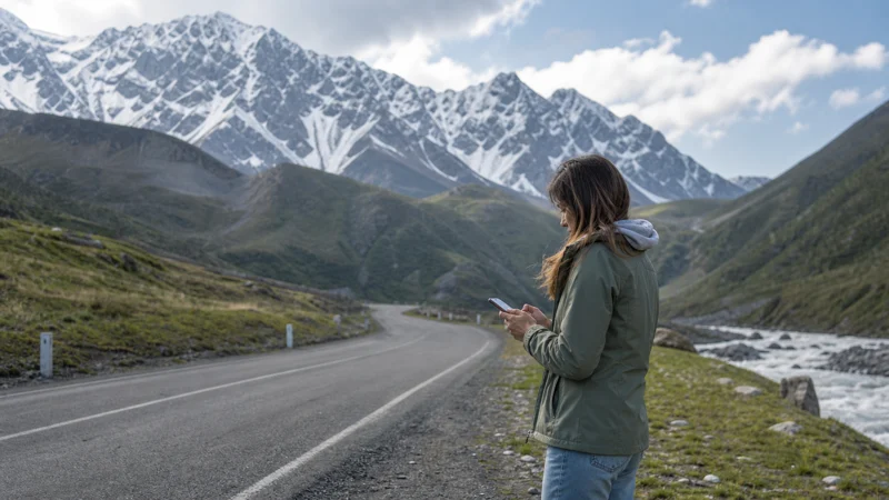 Traveller using a smartphone on the Georgian Military Highway to Kazbegi