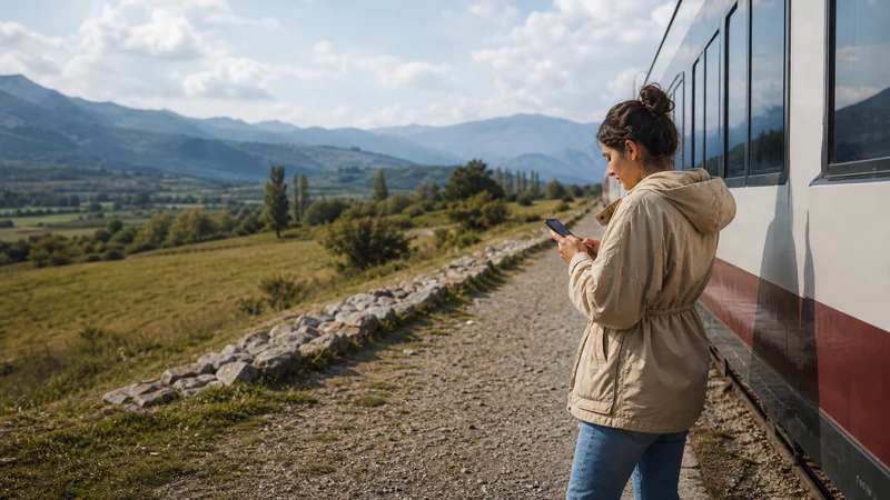 Traveller checking a smartphone beside intercity transport between Tbilisi and Kutaisi