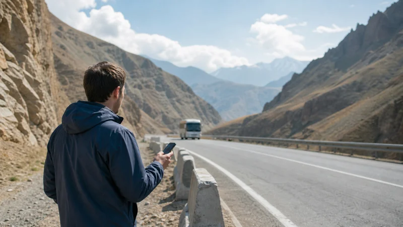 International traveller preparing smartphone connectivity between Tbilisi and Yerevan