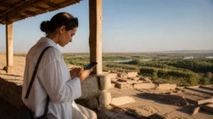 Traveller using a smartphone near a Termez archaeological site