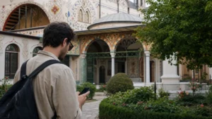 Traveller using a smartphone during mobile internet in tetovo in North Macedonia.