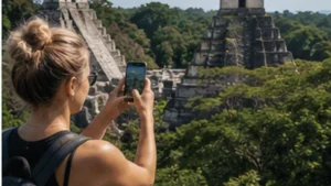 Traveller using a smartphone in Guatemala for tikal mobile internet