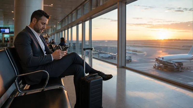 Traveller using a smartphone during mobile internet in timișoara airport in Romania.