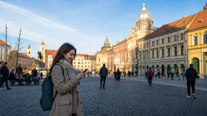 Traveller using a smartphone during mobile internet for a timișoara day trip in Romania.