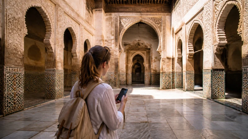 Traveller using mobile internet in Tlemcen Algeria
