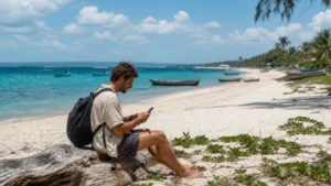 Traveller using a smartphone at Tofo Beach in Mozambique