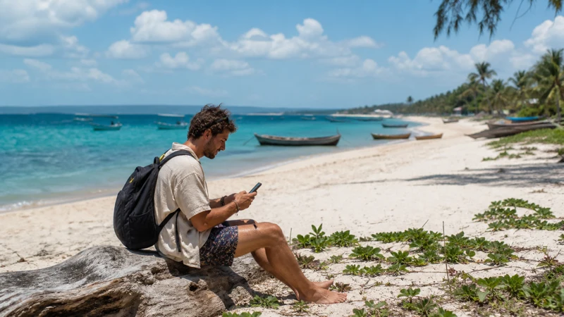 Traveller using a smartphone at Tofo Beach in Mozambique
