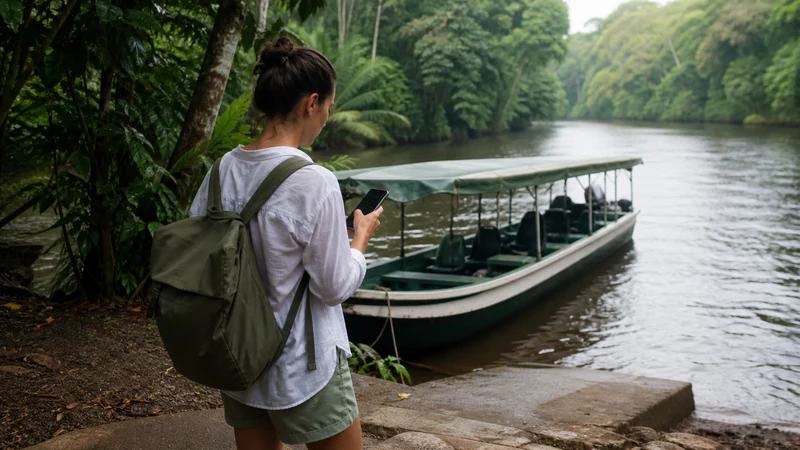 Traveller using a smartphone in Costa Rica for mobile coverage in tortuguero: plan for the gaps