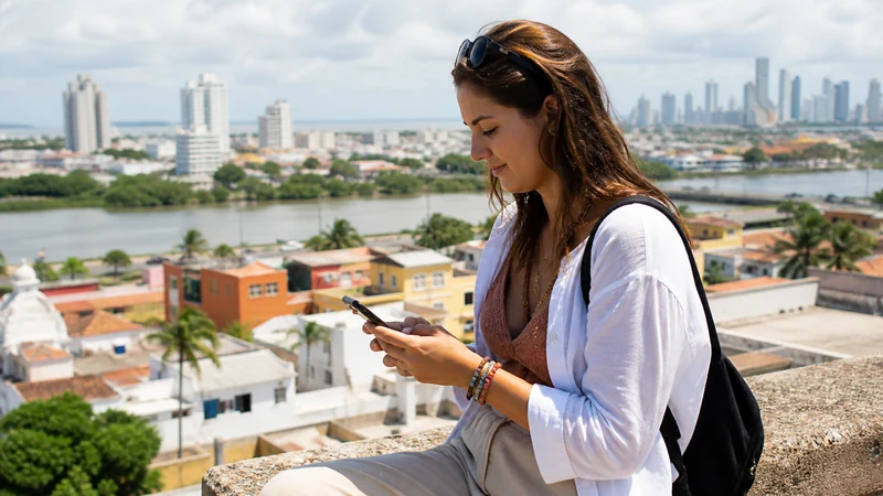 Traveller using a smartphone in Colombia for tourist sim cards in colombia: a straightforward guide