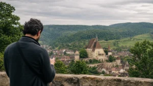 Traveller using a smartphone during mobile internet in transylvania in Romania.