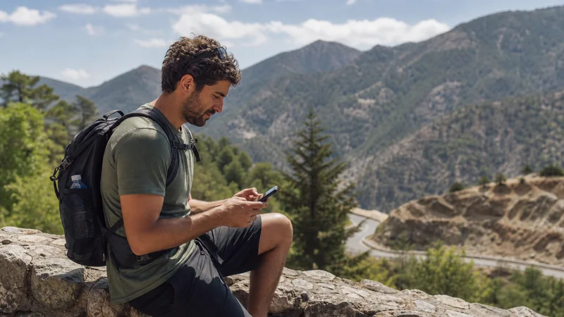 Traveller checking a smartphone in the Troodos Mountains