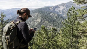 Traveller using a smartphone while exploring troodos mountains mobile internet