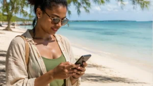 Traveller using a smartphone in Mauritius while researching mobile internet in trou aux biches