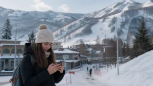 Traveller using a smartphone while using mobile internet in Tsaghkadzor
