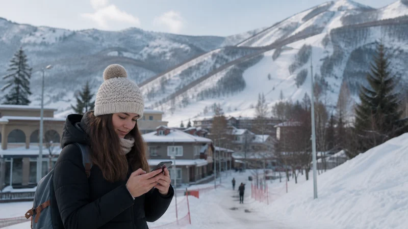 Traveller using a smartphone while using mobile internet in Tsaghkadzor