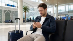 Traveller using a smartphone for Tunis Airport eSIM Setup in Tunisia