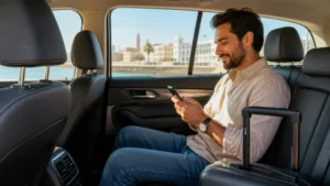 Traveller using a smartphone for Tunis Airport To City Mobile Internet in Tunisia