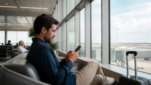 Traveller using a smartphone for Tunisia Airport Wi-Fi Security in Tunisia
