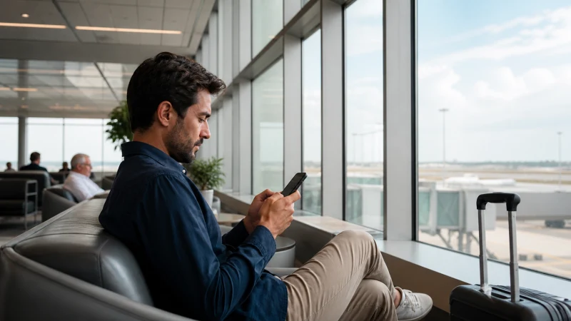 Traveller using a smartphone for Tunisia Airport Wi-Fi Security in Tunisia