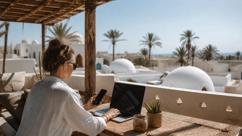 Traveller using a smartphone for Tunisia Digital Nomad Internet in Tunisia