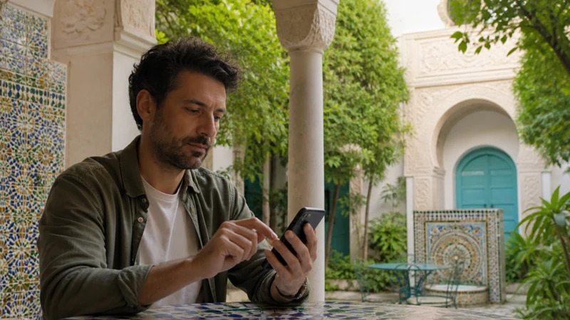 Traveller using a smartphone for Tunisia eSIM Android in Tunisia