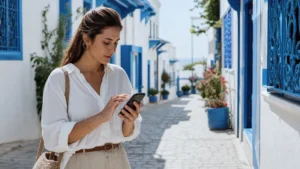 Traveller configuring dual SIM beside blue doors in Sidi Bou Said