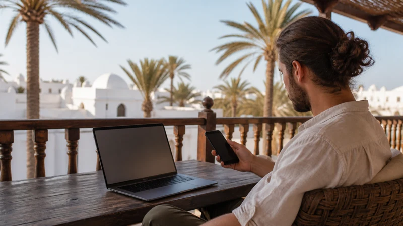 Traveller sharing phone data with a laptop at a Djerba terrace